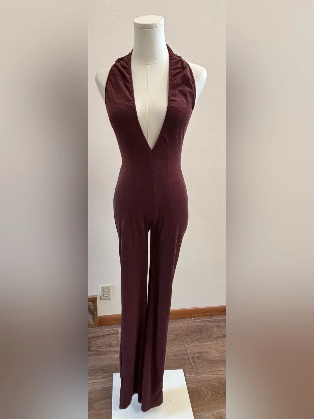 Edikted Brown Halter Open Back Flare Jumpsuit XS Y2K